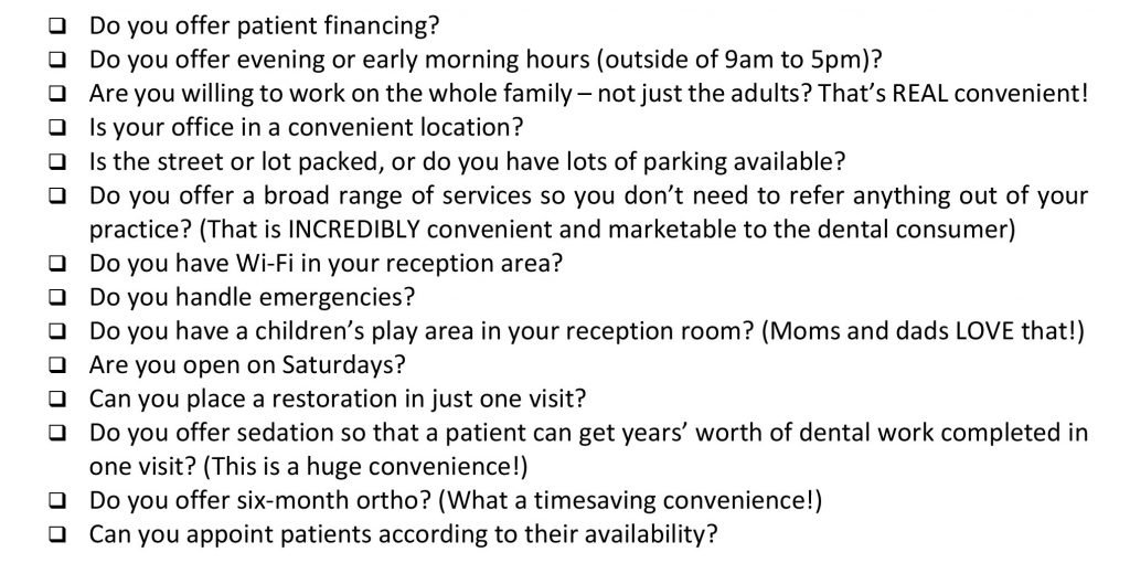 Dental Conveniences Checklist